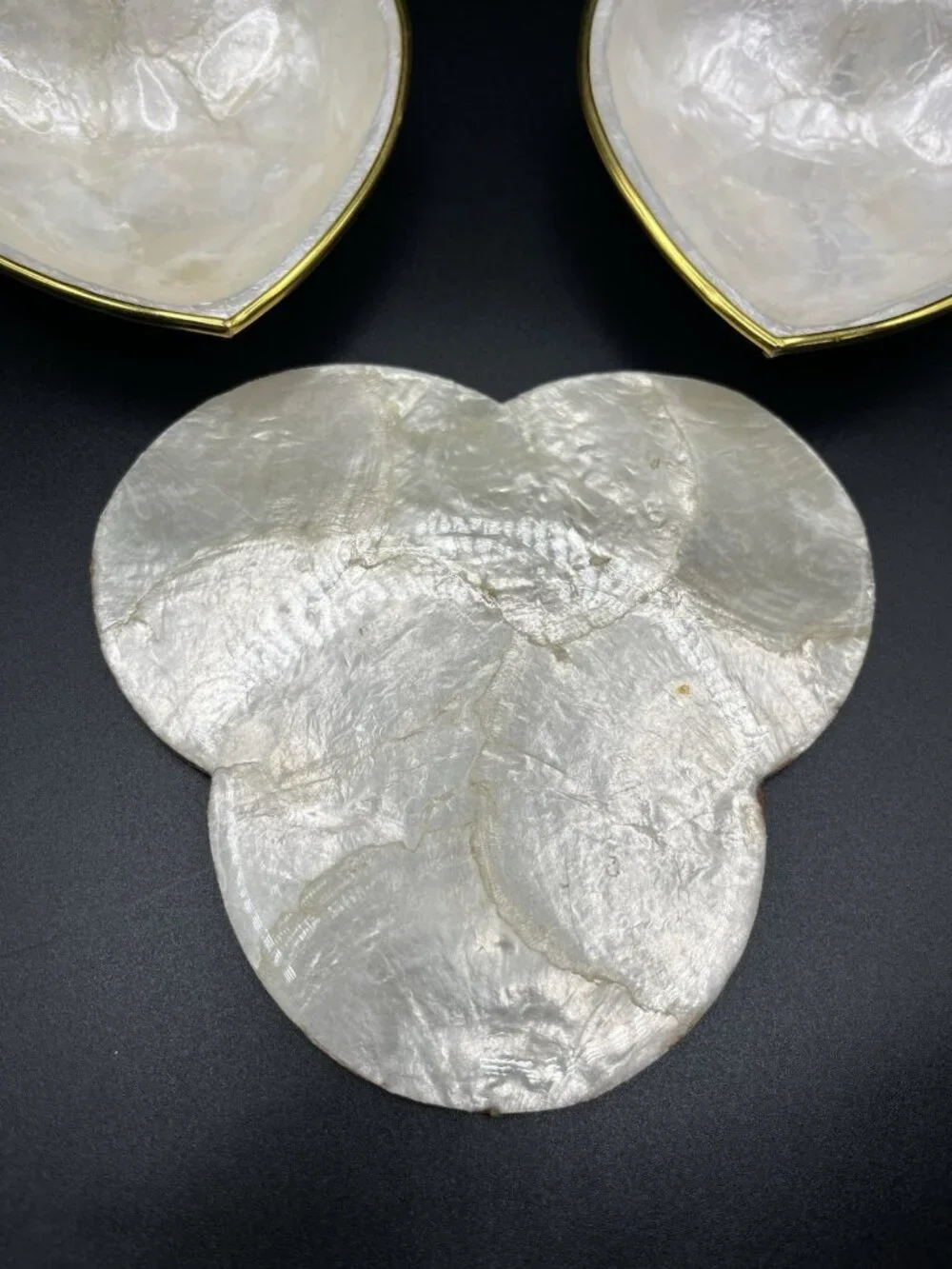 VTG Capiz Shell Heart Trinket Bowls & Plate Set Gold Trim Philippines Cottage